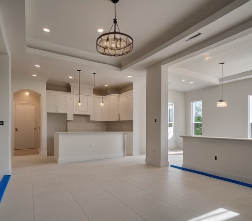 Living room with chandelier and fine wall finish